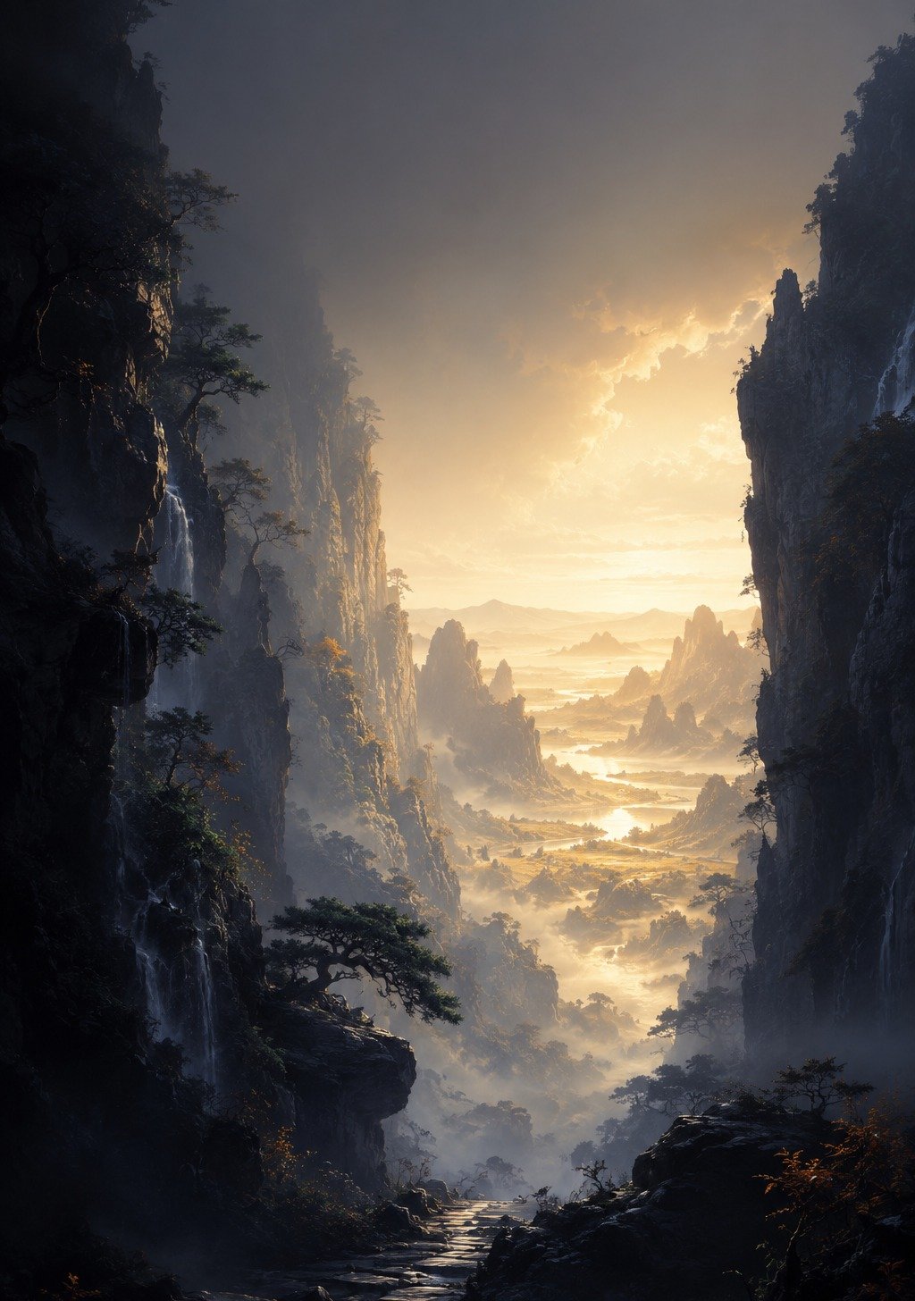 Dramatic Chinese Mountain Canyon Opening to Golden Valley – New Chapter Dawn Wallpaper
