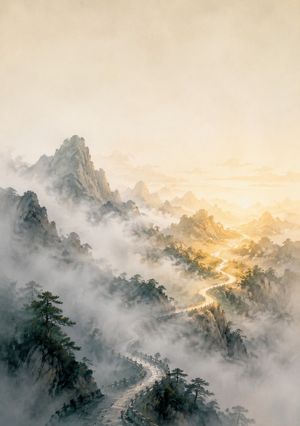 Figure Looking Back at Long Chinese Mountain Road Already Traveled – Reflection Wallpaper