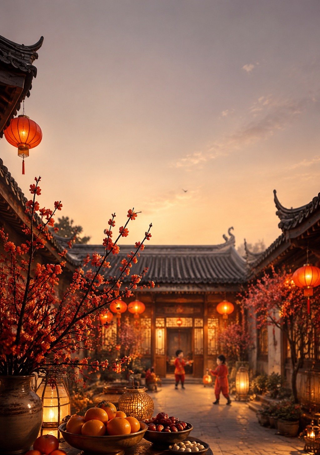 Traditional Chinese Merchant Courtyard on New Year with Red Lanterns and Snow – Wealth Prosperity Wallpaper
