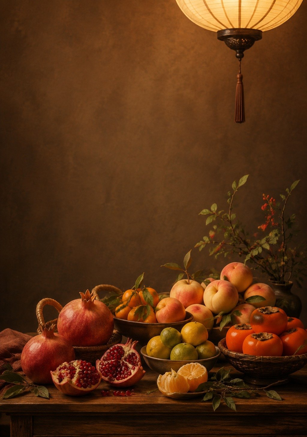 Traditional Chinese Harvest Table with Abundance of Fruits and Vegetables – Abundance Wealth Wallpaper