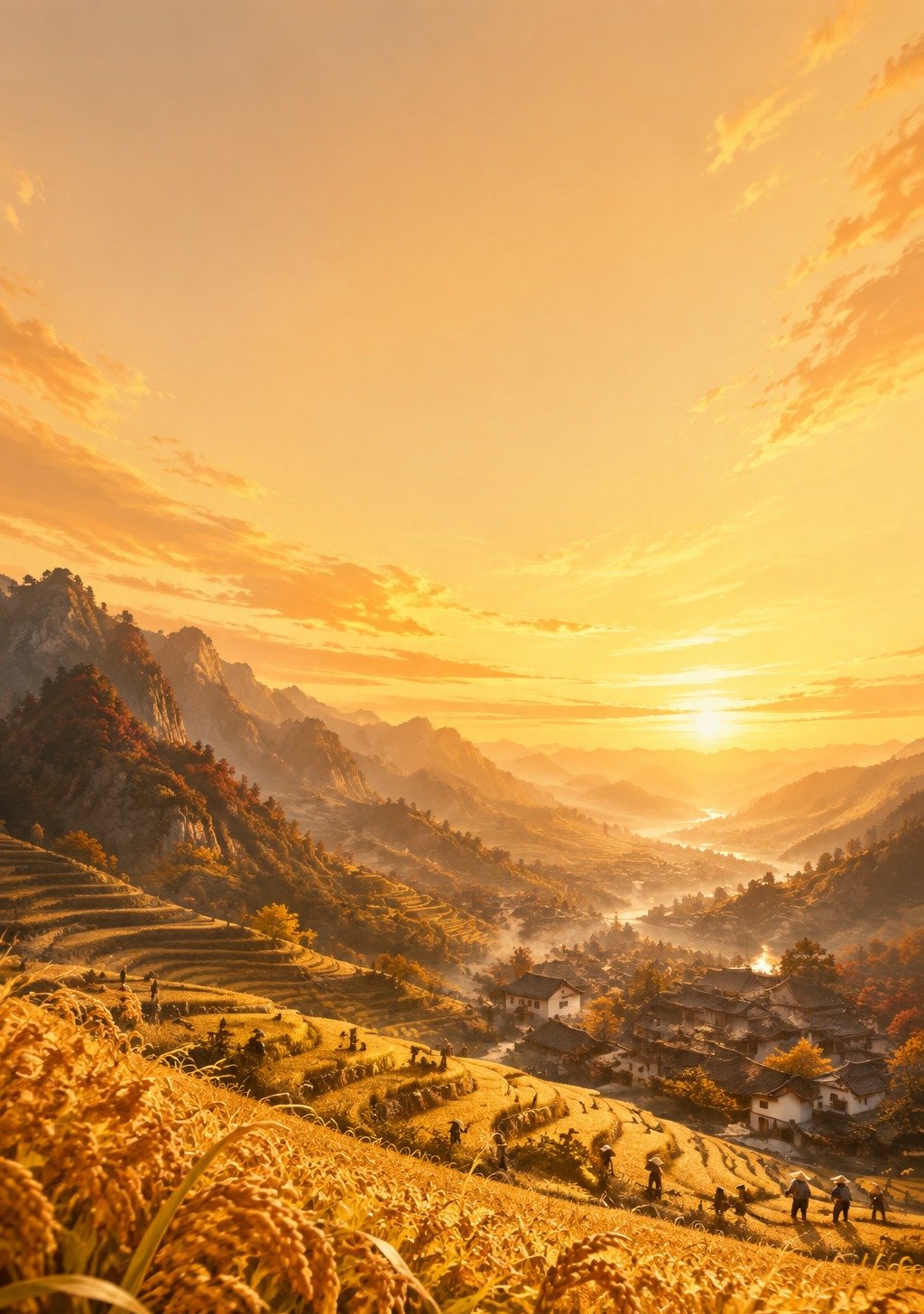 Golden Rice Fields at Harvest Time in Chinese Countryside – Harvest Wealth Wallpaper