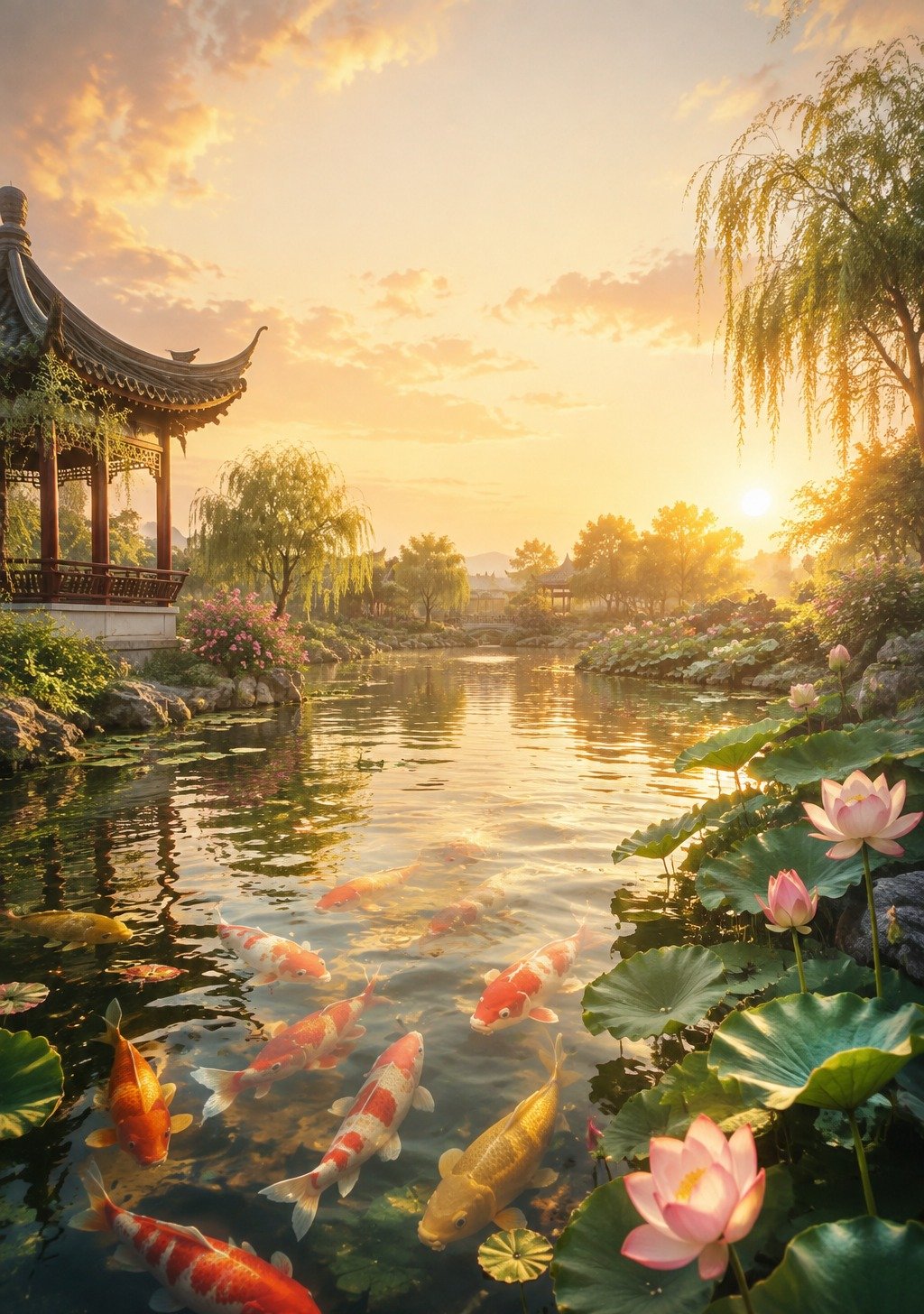 Vibrant Koi in Lotus Pond at Golden Sunset with Garden Pavilion – Wealth Fortune Pond Wallpaper
