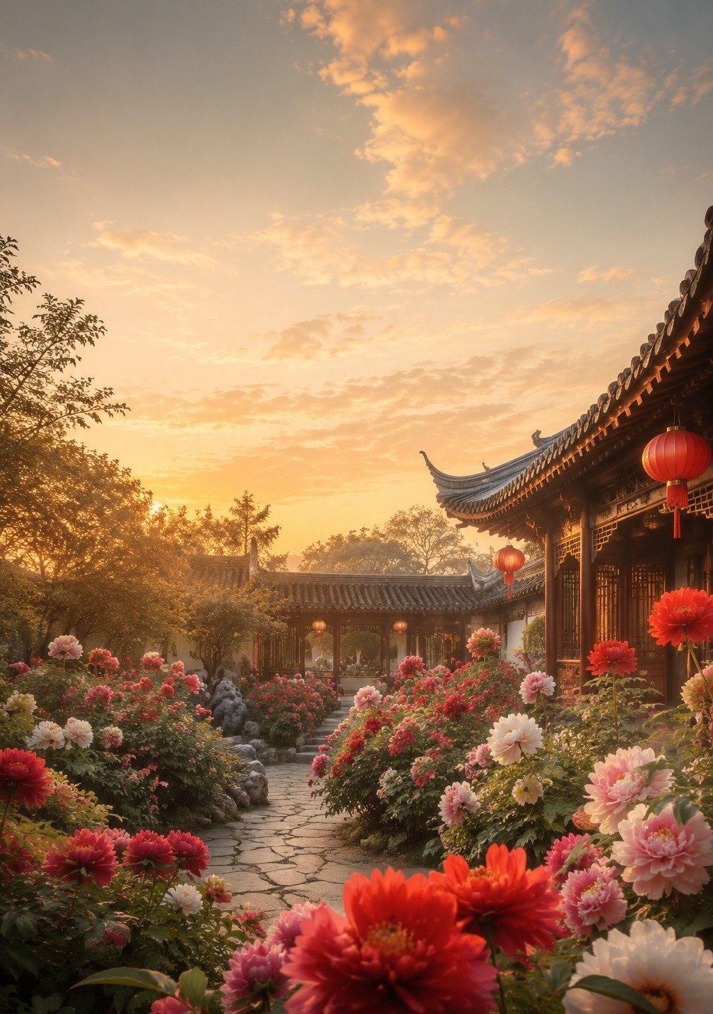 Full Blooming Chinese Peony in Classical Garden Setting – Wealth Beauty Prosperity Wallpaper