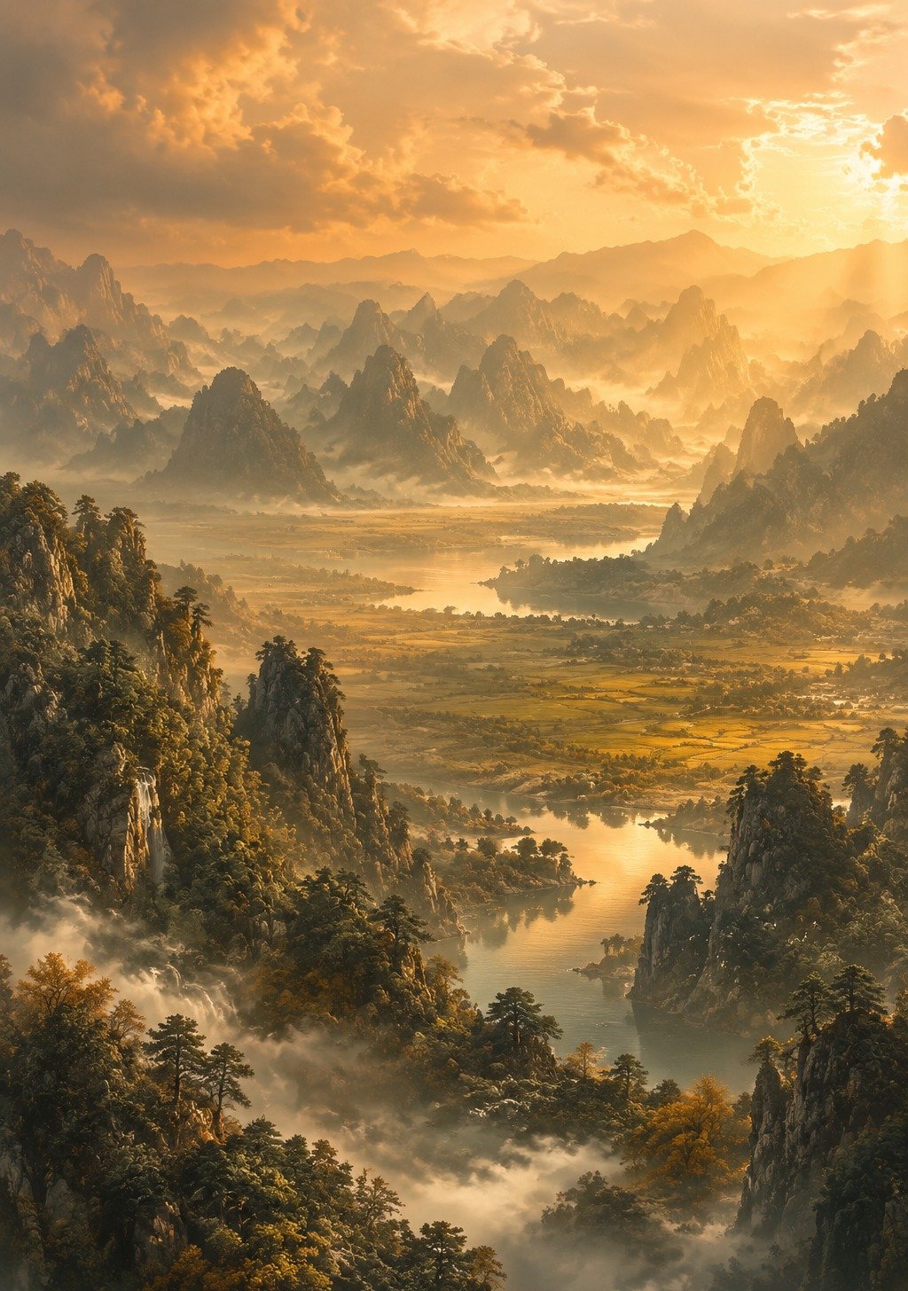 Vast Chinese Mountain Landscape in Golden Light Enormous and Quiet – Thick Virtue Wallpaper