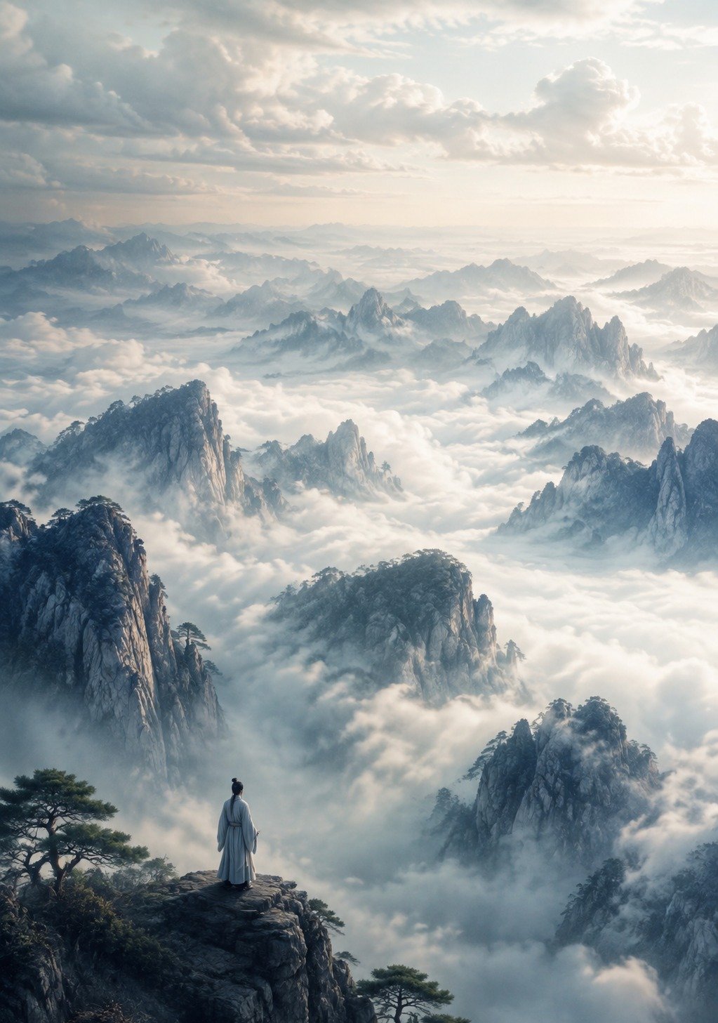 Chinese Scholar Looking Out Over Mountain Valley From Summit – Perspective Wisdom Wallpaper