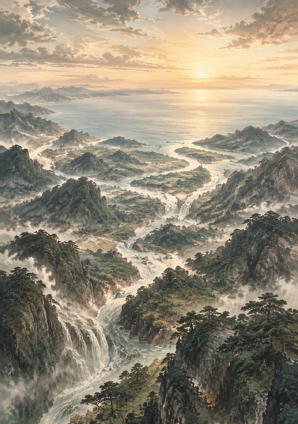 Multiple Rivers Converging Toward Vast Ocean in Chinese Mountain Landscape – Wisdom Wallpaper