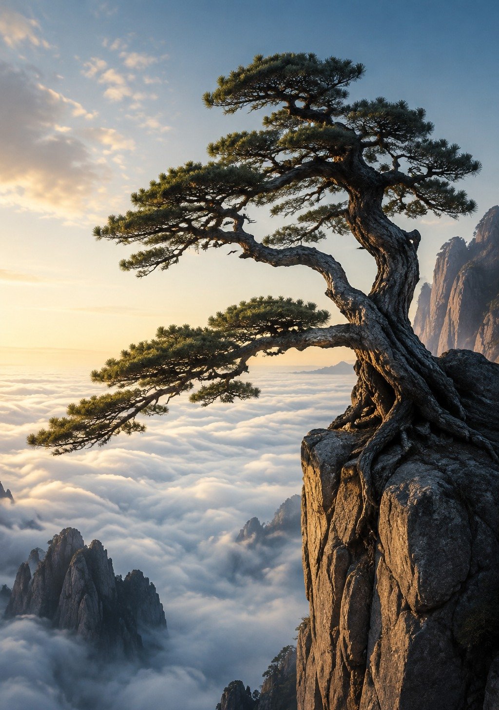 Ancient Pine Tree on Cliff Shaped by Wind Above Sea of Clouds – Resilience Wisdom Wallpaper