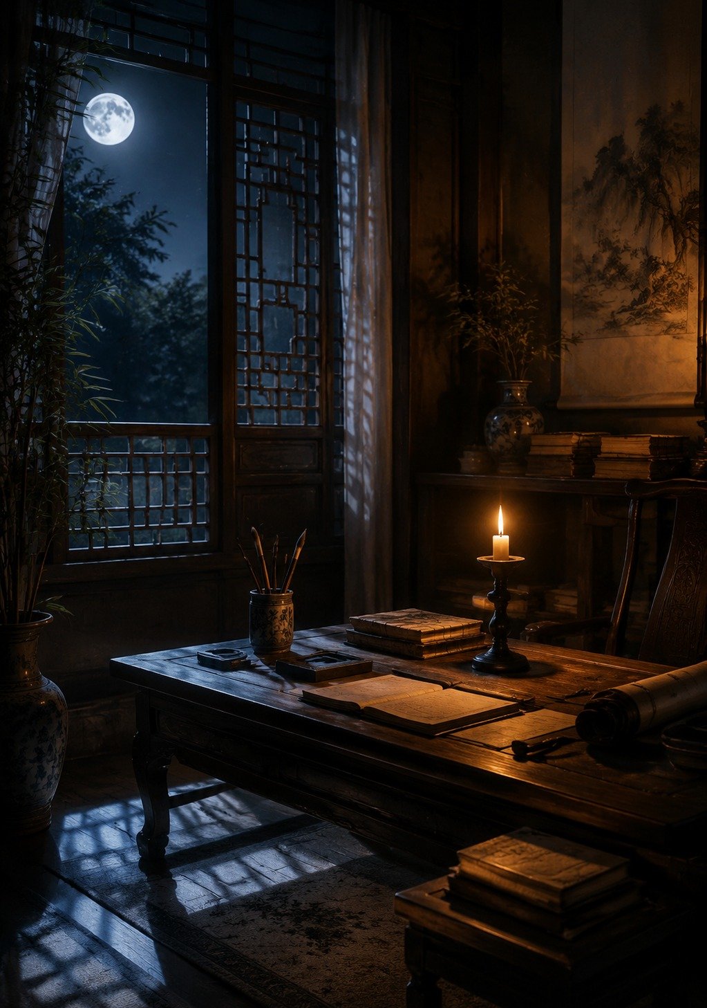 Traditional Chinese Study Room with Books and Scholar's Objects – Knowledge Wallpaper