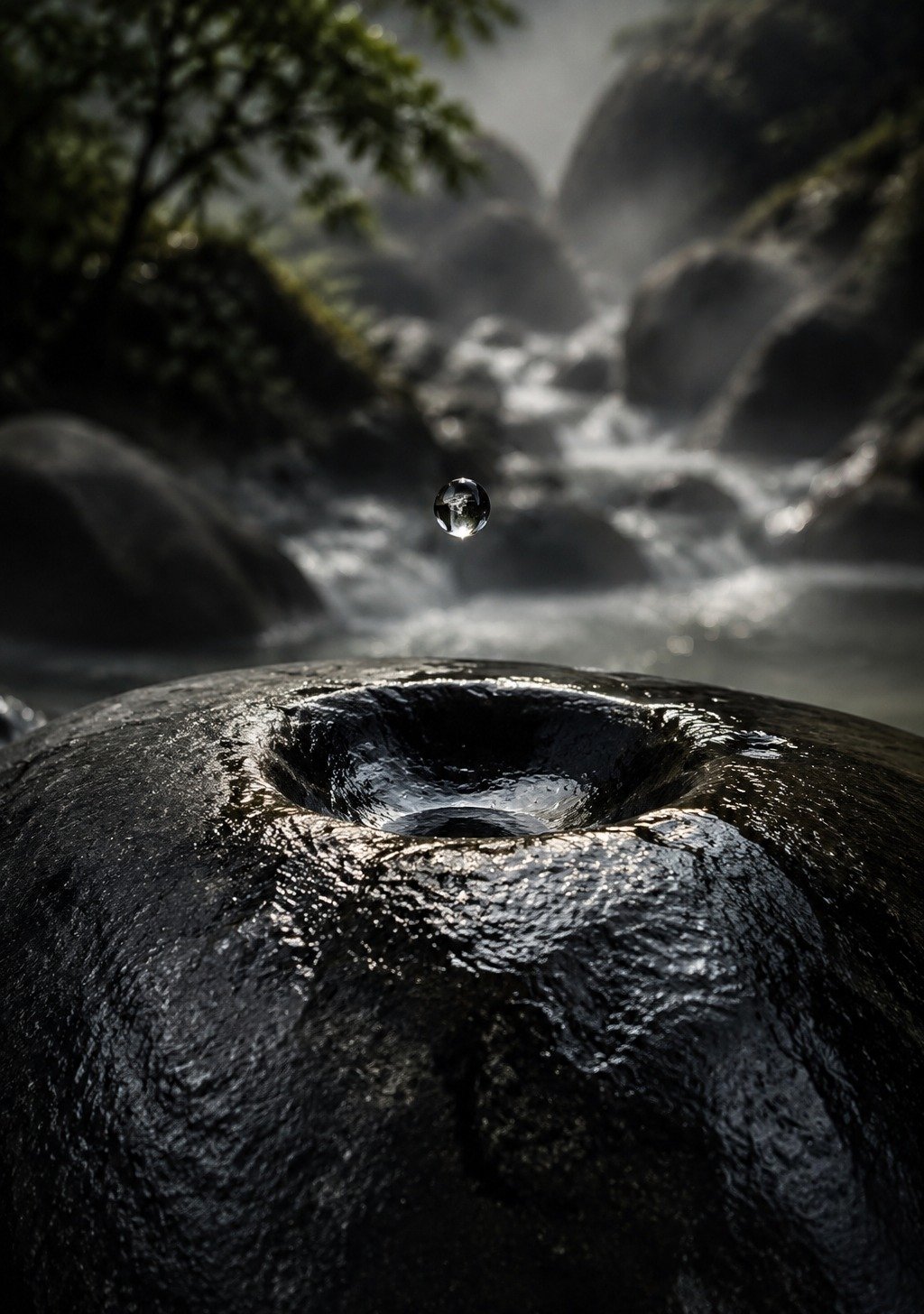 Water Drop Falling Onto Ancient Stone with Hollow Worn by Patience – Persistence Wisdom Wallpaper