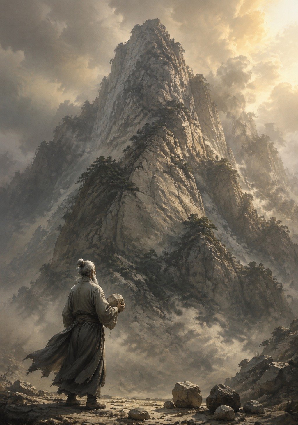 Elderly Chinese Man with One Stone Facing Vast Mountain – Persistence Yugong Wallpaper