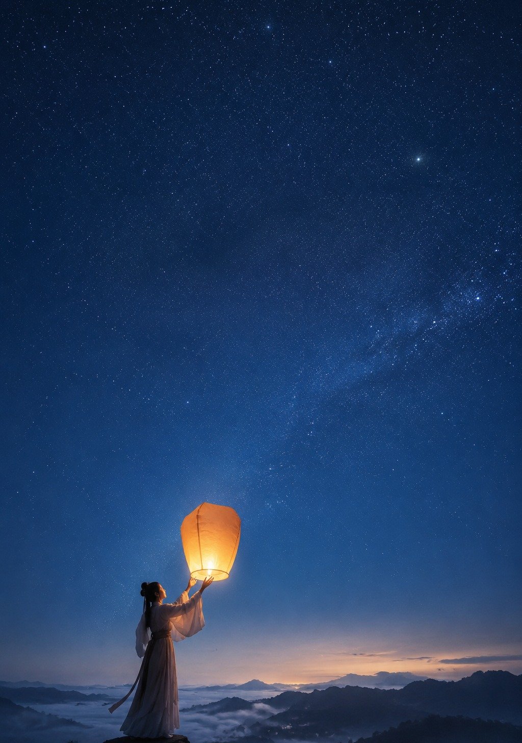 Sky Lanterns Rising Over Chinese Mountain Town at Night – Wish Hope Blessing Wallpaper