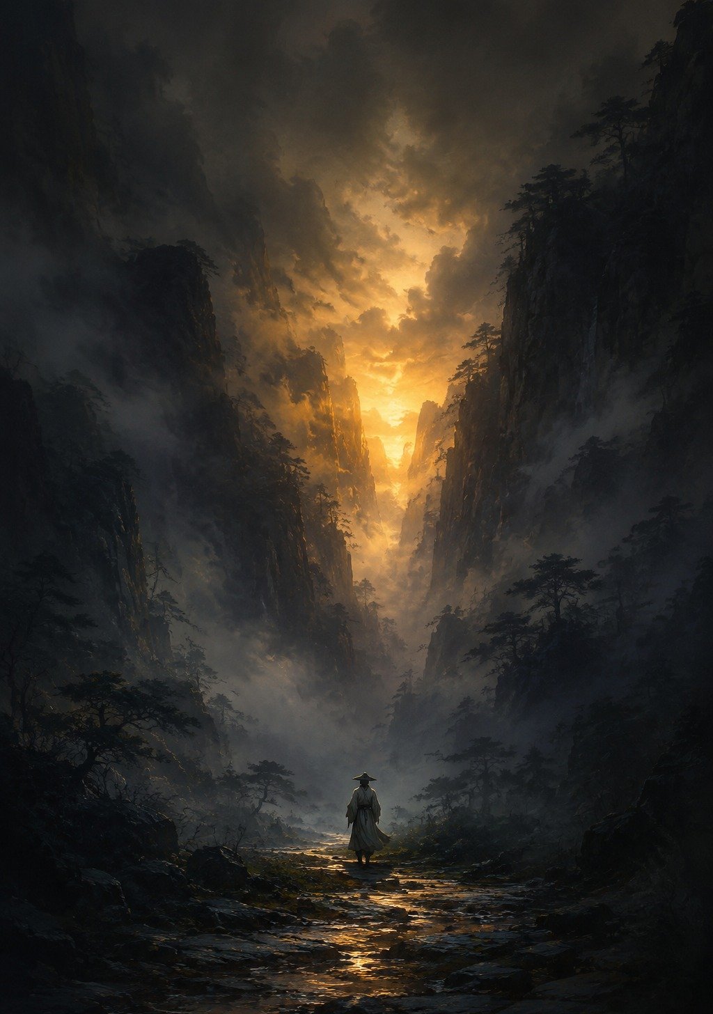 Lone Figure Walking Toward Light Through Dark Mountain Valley – Hope Encouragement Wallpaper