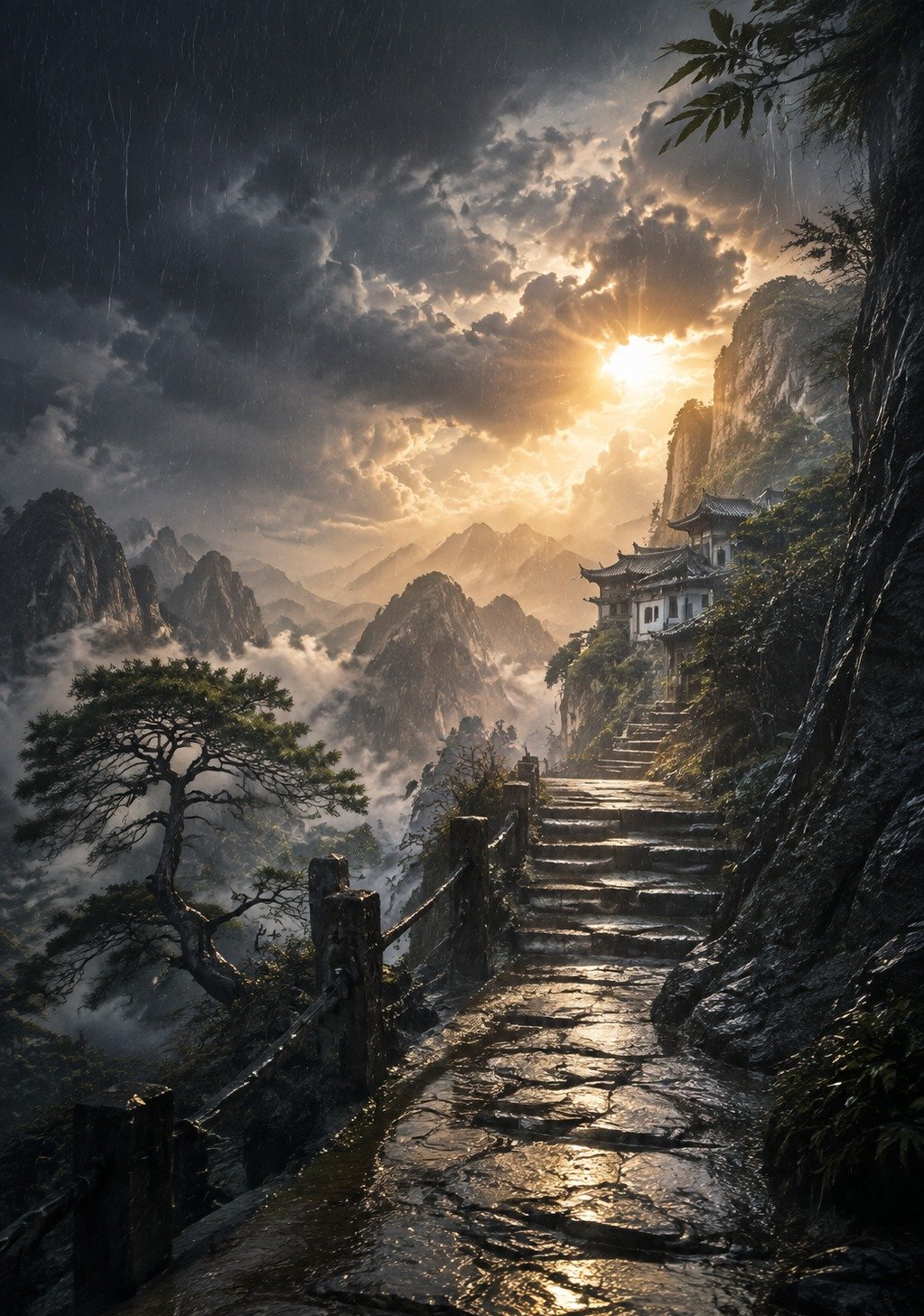 Chinese Mountain Pass Opening to Sunlit Valley Below – Through to the Other Side Wallpaper