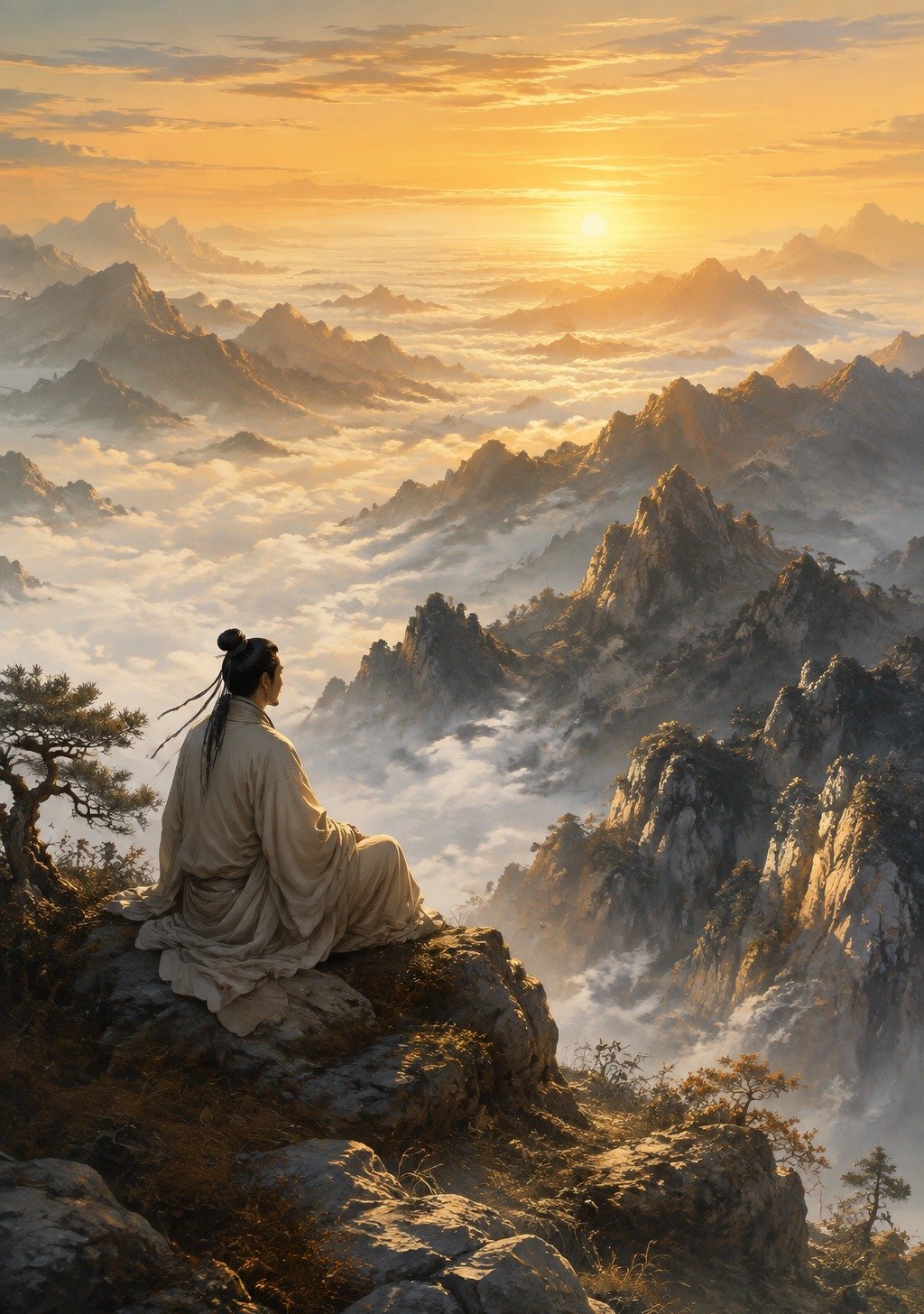 Figure Emerging from Mist into Morning Light on Chinese Mountain – Survival Courage Wallpaper